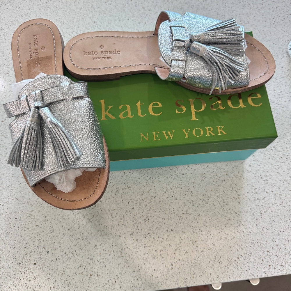 kate spade Silver Tassel Slide Sandals with Bow Accent